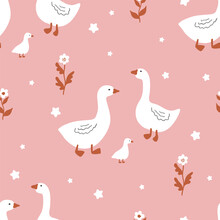 Seamless Pattern Of Geese. Cute Vector Illustration In A Simple Hand Drawn Cartoon Style. Simple Baby Cartoon Style Perfect For Textiles, Baby Shower Fabrics.