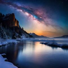 galaxy seen from earth. there is a river and some mountains big mountains with snow and sun hitting the image making the image more beautiful