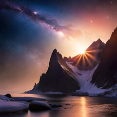 Wall Mural - galaxy seen from earth. there is a river and some mountains big mountains with snow and sun hitting the image making the image more beautiful