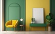 © Oksana - Green living room interior with one yellow armchair and white mockup frame on the wall created with Generative AI technology