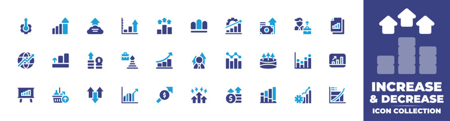 Increase and decrease icon collection. Duotone color. Vector and transparent illustration. Containing increase, data analytics, profit, analytic, benefits, businessman, career promotion, and more.