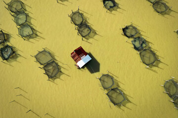 Wall Mural - aerial view of traditional fish farm during sunset time in Sangkla -Thailand 