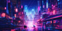 A City Street Filled With Lots Of Neon Lights, Cyberpunk Art, Digital Art, Digital Concept Art Illustration,  Beaten City. Neo Noir Style, Surreal Cityscape Background, Generative Ai