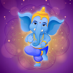 Little cute Ganesh, religious traditional god elephant blue color in cartoon character with abstract magic background