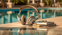 Headphones With Books Near Swimming Pool