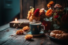 Cozy Autumn Morning With Coffee And Flowers On Wooden Background. Generative AI