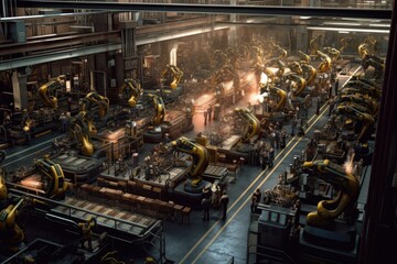 Canvas Print - Futuristic Machines in Factory: Robots welding in a production line, Generative AI Technology