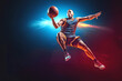 © Nataliia - Portrait of cool colorful basketball player jumps with ball on dark background. Empty space. Generative Ai content