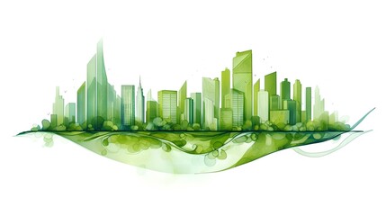 Wall Mural - Green city illustration showcasing a harmonious blend of urban architecture and lush greenery. This image represents a sustainable future where cities and nature coexist in balance. Generative AI