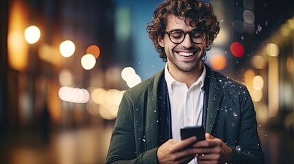 Young handsome man using smartphone in a city. Smiling man texting on his mobile phone isolated portrait. Modern lifestyle, connection, business , ai generated 