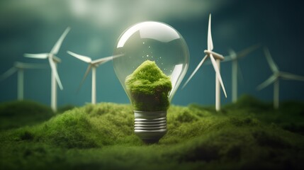 Illustrative green energy concept featuring glowing light bulb filled with verdant vegetation, wind turbines in the background. Technological innovation and sustainable energy solutions. Generative AI