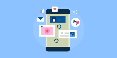 Wall Mural - creating content with mobile application and post update on social media followers' engagement marke