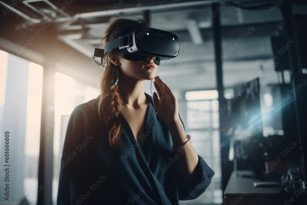Office worker woman in vr helmet. Female using Virtual reality display ...