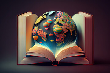 Wall Mural - 3D rendering of clay globe with book against orange background. Generative Ai