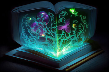 Wall Mural - abstract magic book on wooden background. generative ai