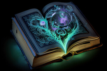 Wall Mural - Part of an open magic book, bewitched book glows in the darkness. Generative Ai
