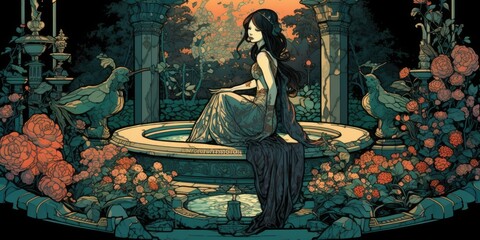 Wall Mural - Art Nouveau print of a young woman sitting on a bench - generative ai	