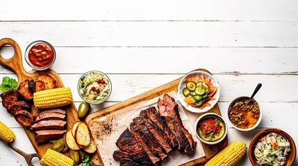 Texas style barbecue meal with fixings on white wooden background, BBQ, flat lay, top view, copy space, ai illustration 