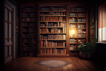 Reading place with wooden floor,bookshelves, white wall. Generative Ai