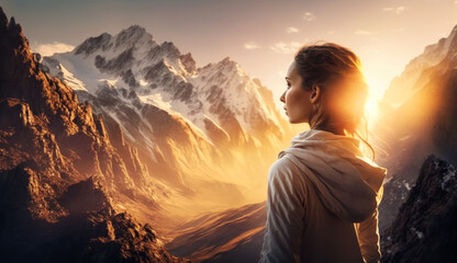 Wall Mural - woman on the hill and looks down into the valley.