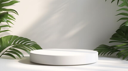 Wall Mural - Smooth round white podium in sunlight, tropical palm leaf shadow for on white table countertop, wall for nature luxury hygiene organic cosmetic, skincare, beauty 