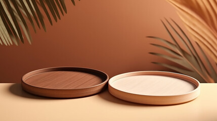 Two round wooden plate tray with grain on white table counter in sunlight, tropical leaf shadow on matte paint brown wall for luxury beauty, cosmetic, organic, 