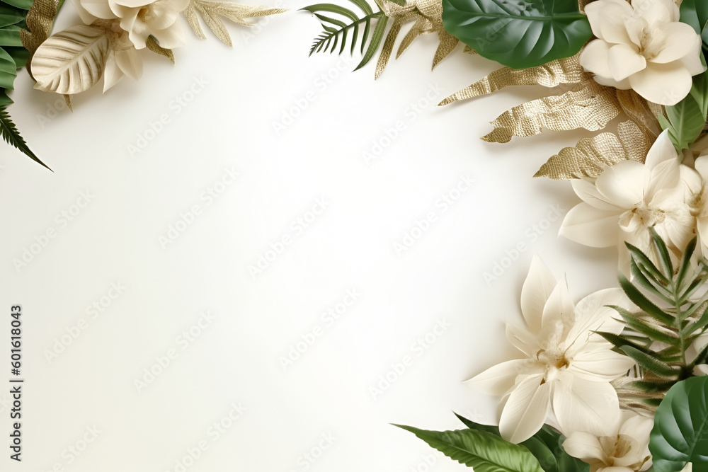 Tropical border with flowers and leaves on a white background , wedding ...