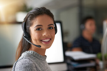 Poster - Call center, smile and portrait of woman at computer for customer service, help desk and consulting. Happy, mockup and ecommerce with employee in office for contact us, telemarketing and receptionist