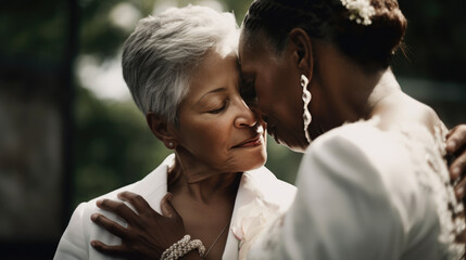 Wall Mural - Old women lesbian couple. marrage Black and Caucasian female bride in love. LGBT pride month celebration generative ai