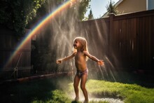 Joyful Child Under A Rainbow Sprinkler - AI Generated