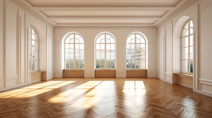 Empty room interior design, open space with oak parquet floor, classic windows, wooden ceiling and white walls, modern architecture concept idea. Generative AI