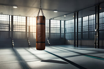 old vintage leather punching bag in the trainng gym , ambaiant light , champion's training concept , copy space