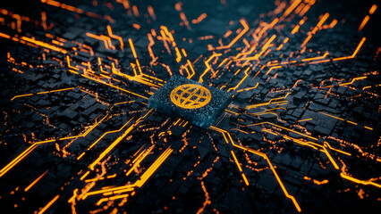 Internet Technology Concept with web symbol on a Microchip. Data flows from the CPU across a Futuristic Motherboard. 3D render.