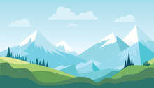 Flat Minimalistic Design. Panorama Of A Mountain Landscape. Easy To Change Colors.