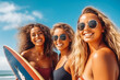 Smiling friends in sunglasses with surfs on beach. Young people spending summer days on the beach with friends. Generative AI