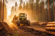 © VisualProduction - Harvester heavy forestry vehicle working in the sunset. Tractor in background. Forestry, cutting down trees concept. Generative AI