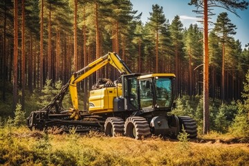 Sticker - Harvester heavy forestry vehicle working in the sunset. Tractor in background. Forestry, cutting down trees concept. Generative AI