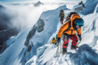 © VisualProduction - Climbers crossing a crevasse over a ladder. Everest Nepal hiking in snow. Generative AI