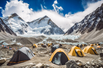 mount everest base camp. group of people camping during trekking everest nepal in snow. generative a