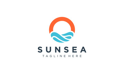 Sunset beach logo Landscape design Template Vector illustration.