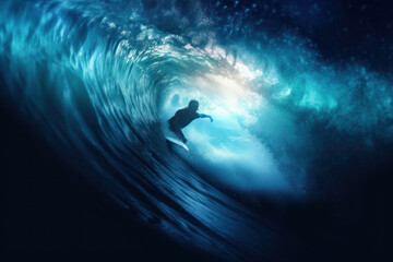 Young Surfer Riding Overhead Wave, Captured in Black and Aquamarine Colors, Generative AI