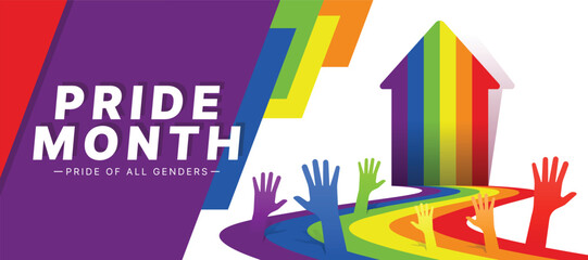 Pride month, pride of all genders text Raised hands on rainbow arrow curve and up vector design
