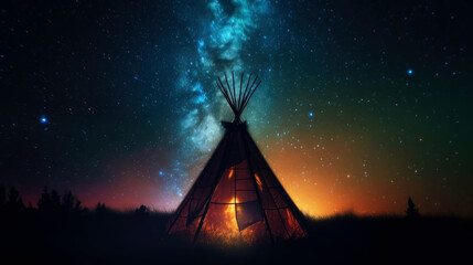 teepee indian tent standing in beautiful night landscape. generative ai.