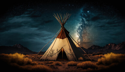 teepee indian tent standing in beautiful night landscape. generative ai.