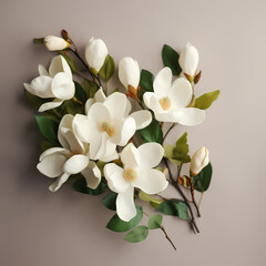 Poster - White Magnolia Bouquet Flat Lay Top View Illustration