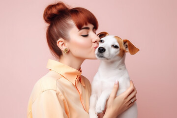 Sticker - young attractive woman hugging dog in hands, color trendy background. Generative AI