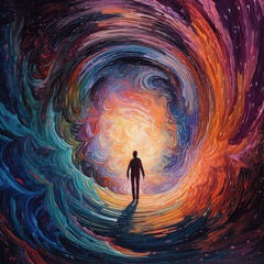 Wall Mural - Person in a vortex, tunnel to a new life or heaven. Concept of soul life after death. Starting something new. Spirituality, incarnation and karma. Generative AI.