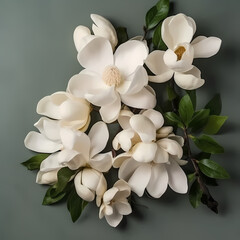 Wall Mural - White Magnolia Bouquet Flat Lay Top View Illustration