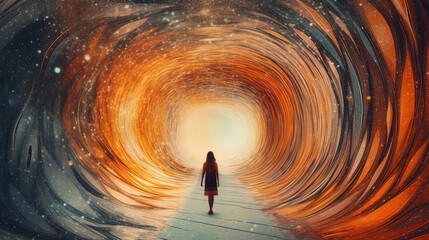 Person in a vortex, tunnel to a new life or heaven. Concept of soul life after death. Starting something new. Spirituality, incarnation and karma. Generative AI.