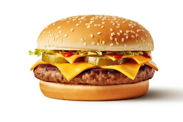 Wall Mural - Grilled Hamburger on White Background. Isolated Beef Burger Meal Fast Food. Generative AI illustrations.